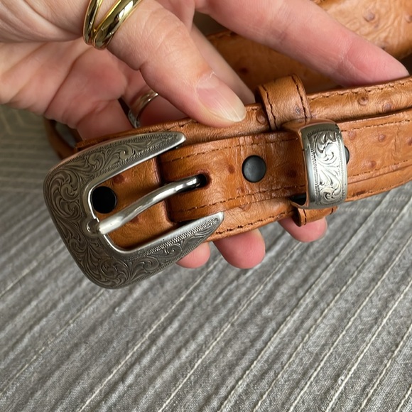 Roper Ostrich Print Top Grain Leather Western Belt Men’s 42 Brown Cowboy Buckle - Picture 4 of 9